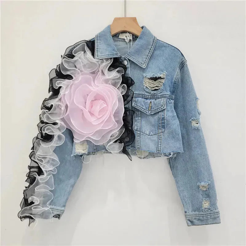 Elegant women fashion embroidered cropped Ripped blue Denim Jacket - EX-STOCK CANADA