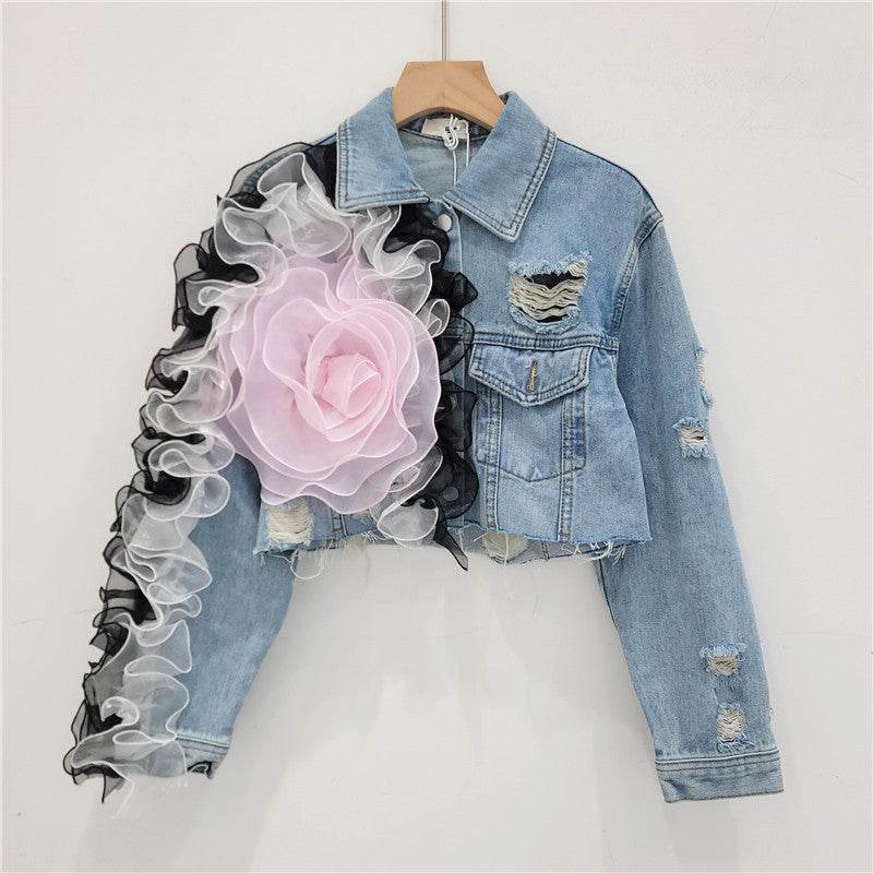 Elegant women fashion embroidered cropped Ripped blue Denim Jacket - EX-STOCK Canada