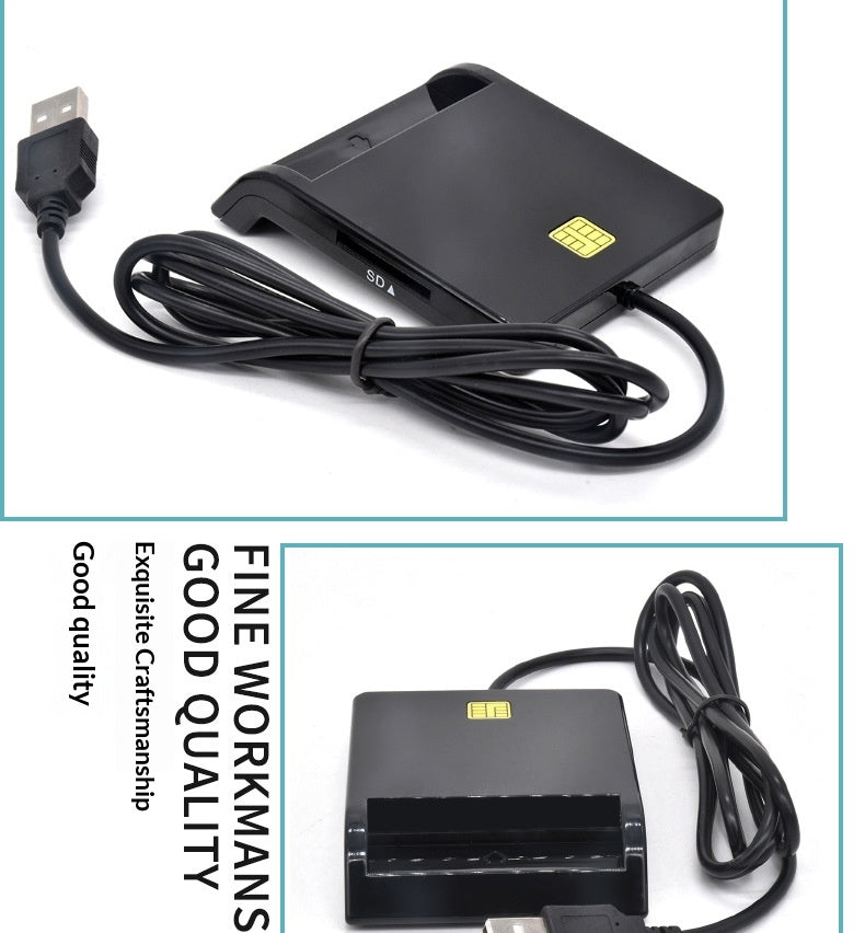 Black USB wireless charger with a coiled cable and SIM card slot, shown in two views on a white background with promotional text.