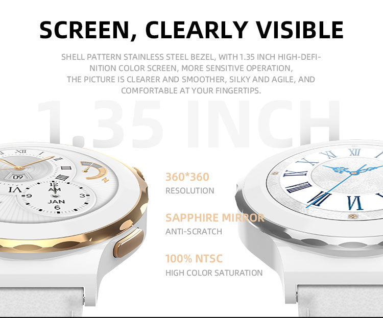 Two watches with text highlighting screen features on a white background