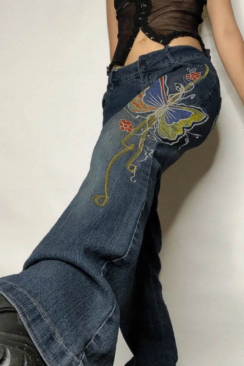 Fashion Women's Sexy High Waist Retro Individual Butterfly Print Bootcut Jeans - EX-STOCK Canada