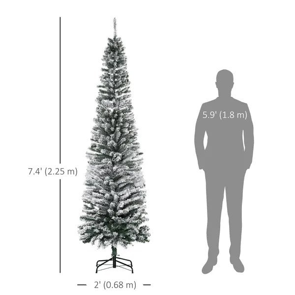 7.5ft Flocked Christmas Tree, Pencil Christmas Tree With Realistic Branch Tips, Folding Metal Stand, Green EX-STOCK Canada