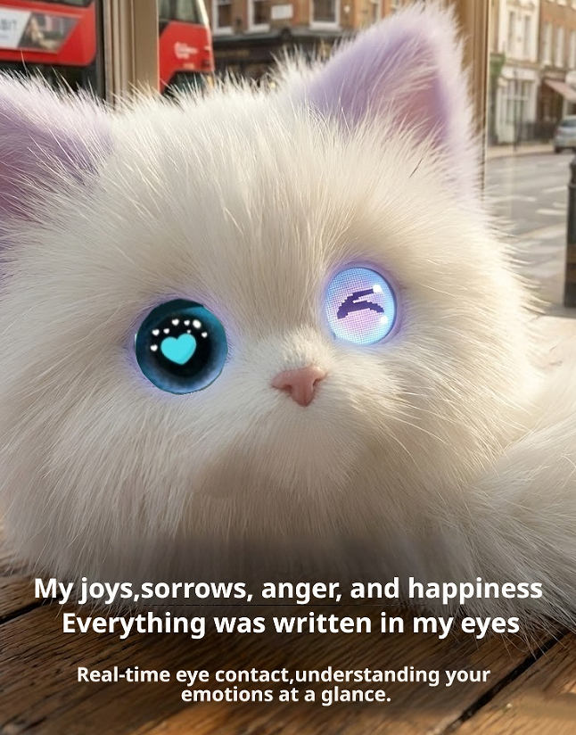A fluffy white cat with glowing blue and purple eyes, shown close up in an indoor setting with a blurred street scene in the background. Text at the bottom reads, 'My joys, sorrows, anger, and happiness Everything was written in my eyes Real-time eye contact, understanding your emotions at a glance.