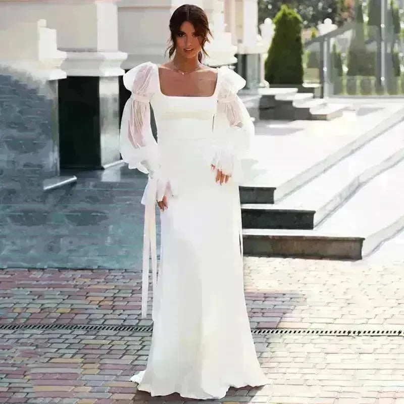 Women's Ruffled Long Sleeve Banquet Temperament High Waist Mop White Wedding Party Fish Tail Styled Dress Mermaid Dress - EX-STOCK CANADA