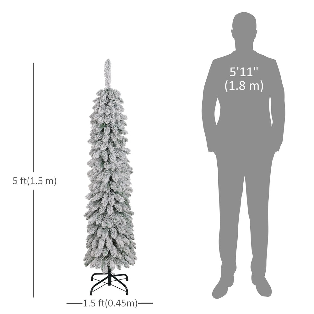 5ft Snow-Flocked Artificial Christmas Tree, Slim Pencil Xmas Tree With 301 Realistic Branches, Metal Base, Green EX-STOCK Canada