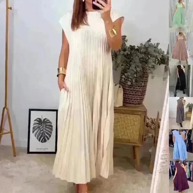 Women Summer Pleated Maxi Dress Casual Short Sleeve Crewneck Flowy Swing Long Dress with Pockets - EX-STOCK CANADA