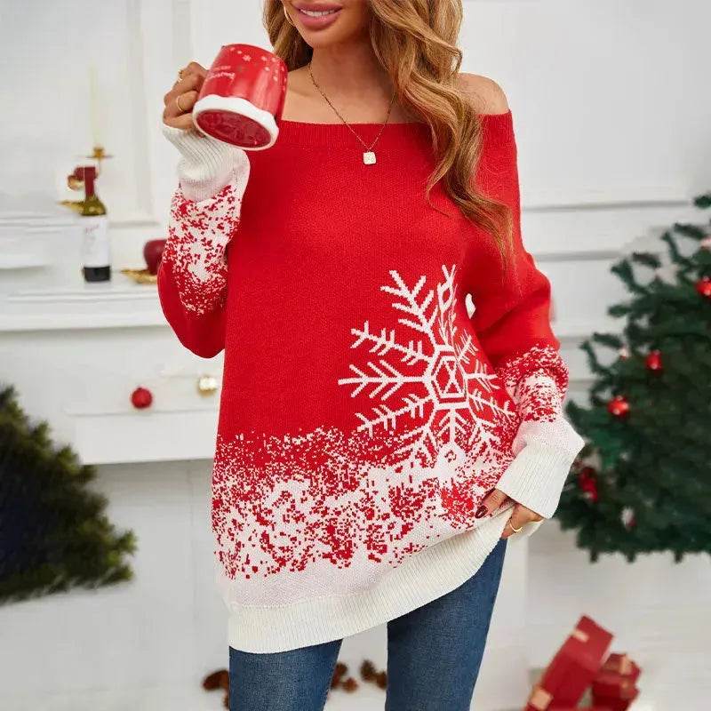 Snowflake Off-the-shoulder Cashmere Christmas Sweater top Women - EX-STOCK Canada
