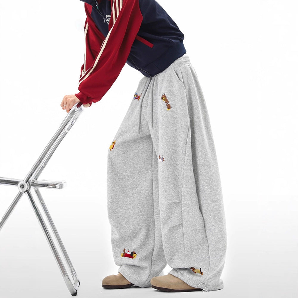 Lazy Sausage Dog Embroidered Machete Sweatpants Autumn Loose Casual