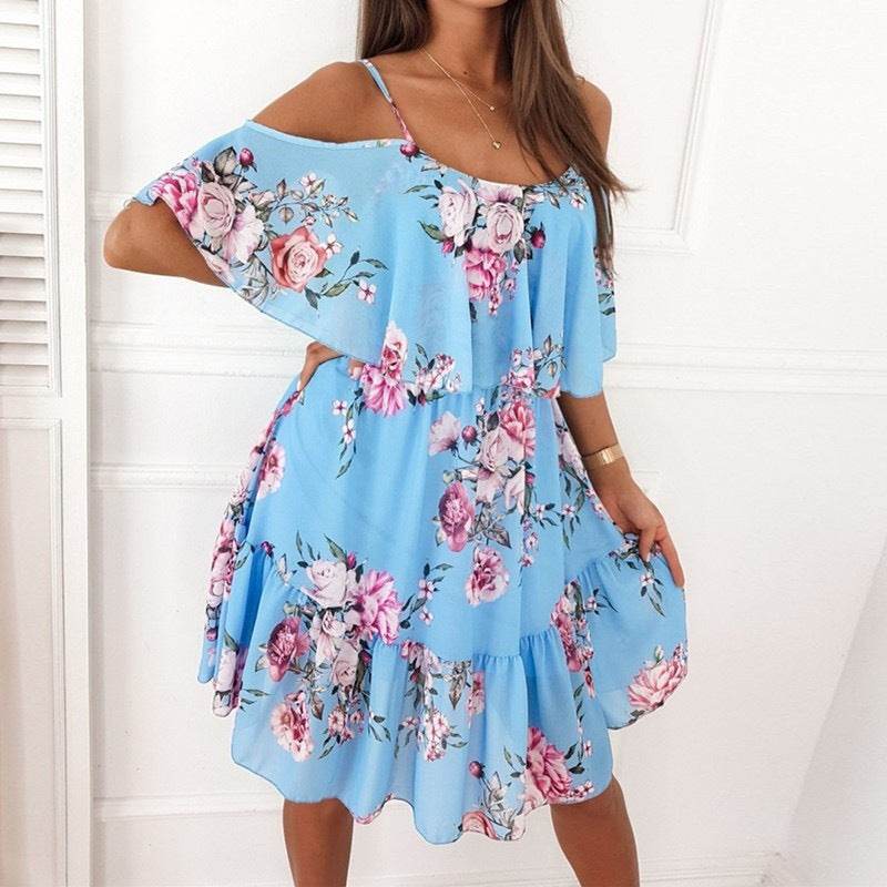 Flower Printed Ruffled Suspender Dress Summer Off-the-shoulder Strap Dresses Women - EX-STOCK Canada