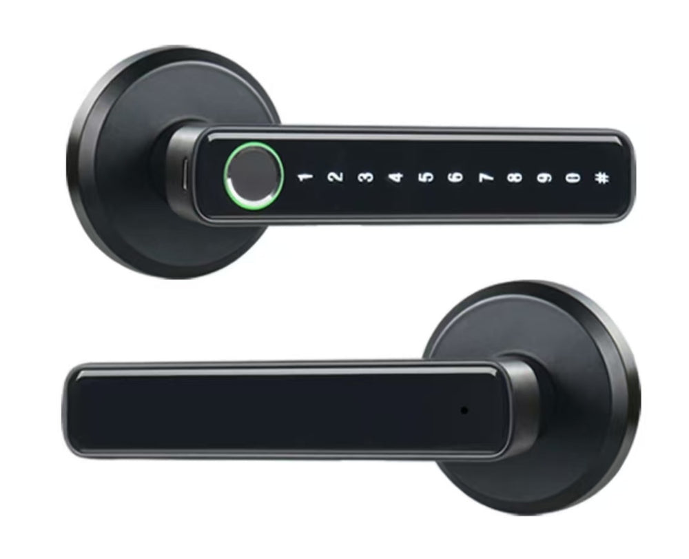 A modern black smart door lock shown from two angles on a plain white background, with a touch keypad, numeric buttons, and a circular fingerprint sensor.
