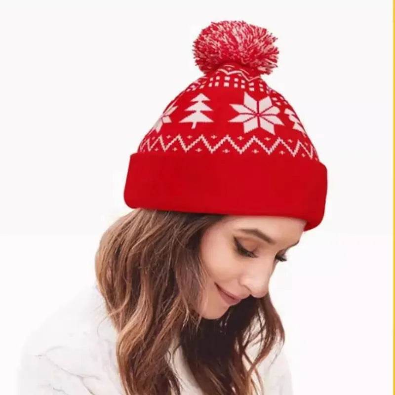 Jacquard Christmas Fluffy Ball Cap Thermal Head Cover Knitted Hat - EX-STOCK Canada