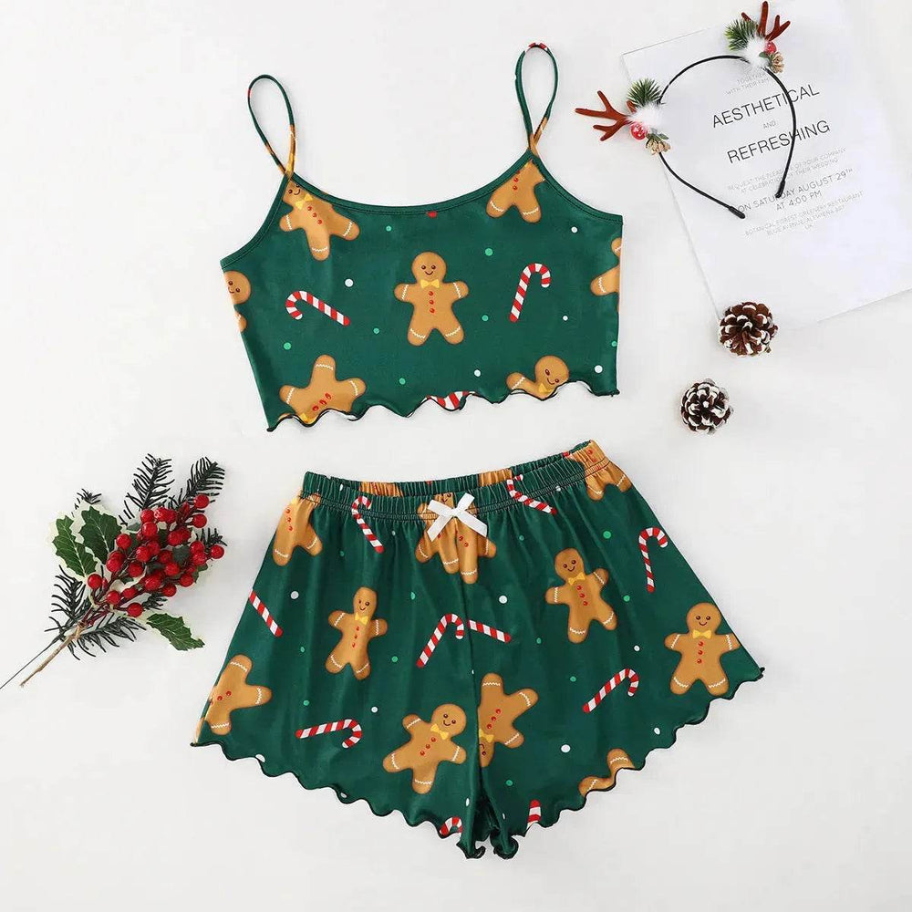 Christmas European And American Thin Pajamas Women's Sleeveless Shorts Milk Silk Simple Casual Two-piece Suit Homewear - EX-STOCK Canada