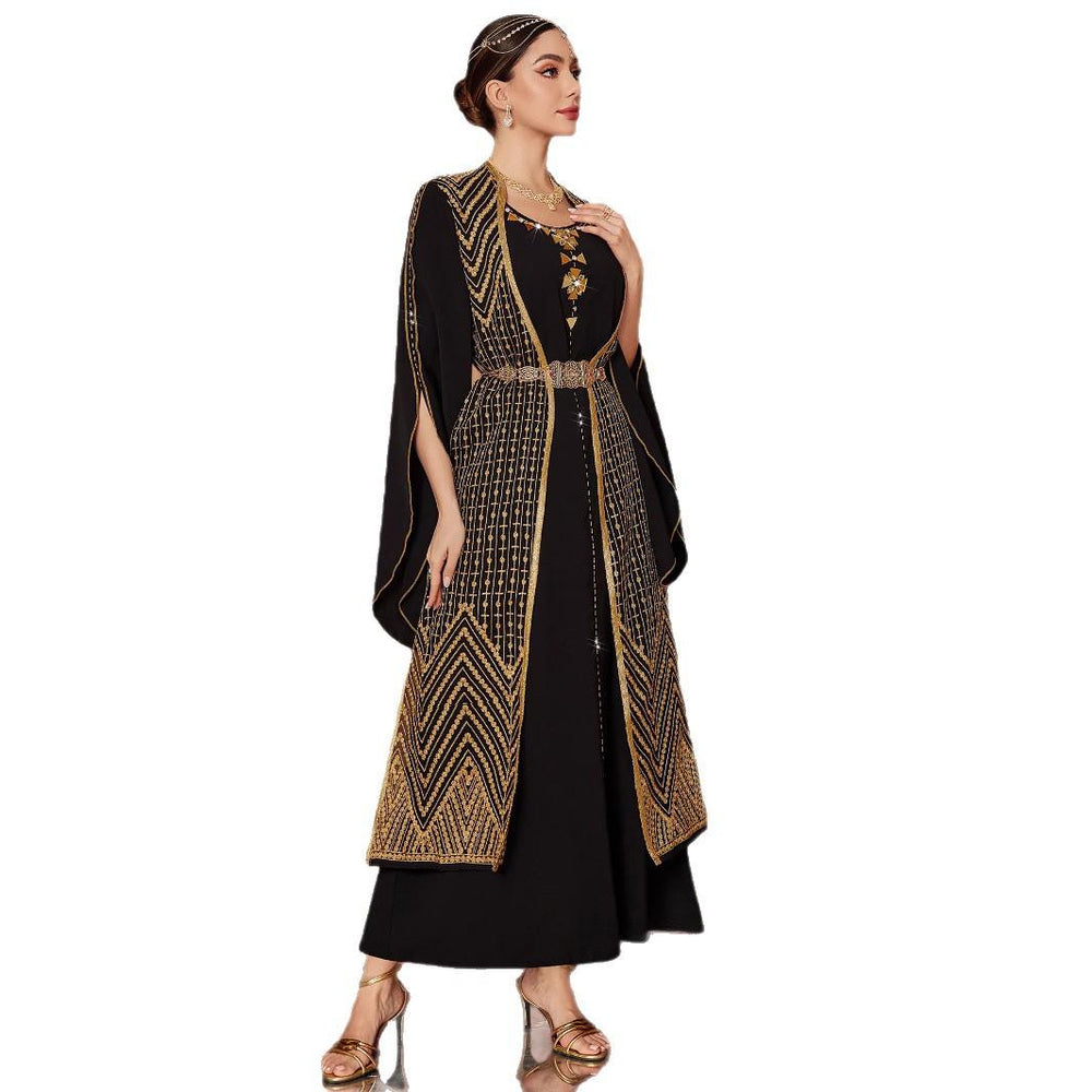 Arabic Vintage Gold Embroidered Black Fake Two Pieces Robe - EX-STOCK Canada