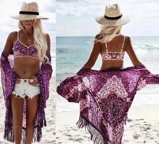 Chiffon Beach Resort Wear Purple Orientation Flower Beach Bikini - EX-STOCK Canada