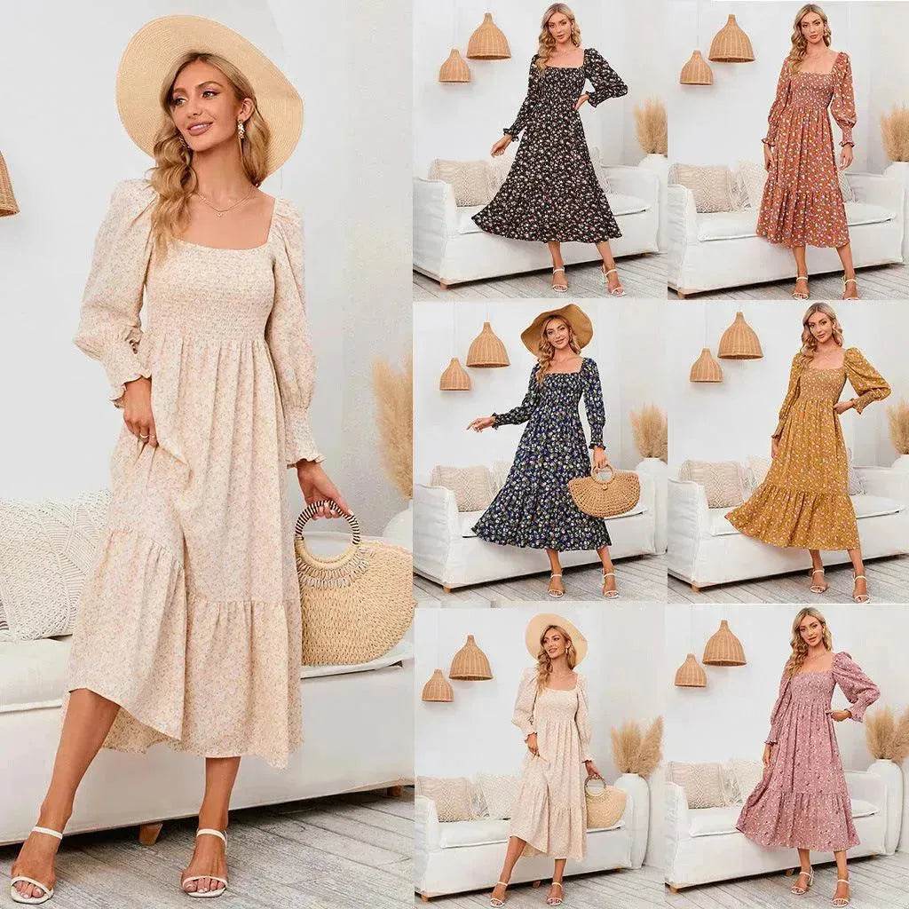 Chiffon European And American Square Collar Horn Printing Comfortable Floral Skirt - EX-STOCK Canada