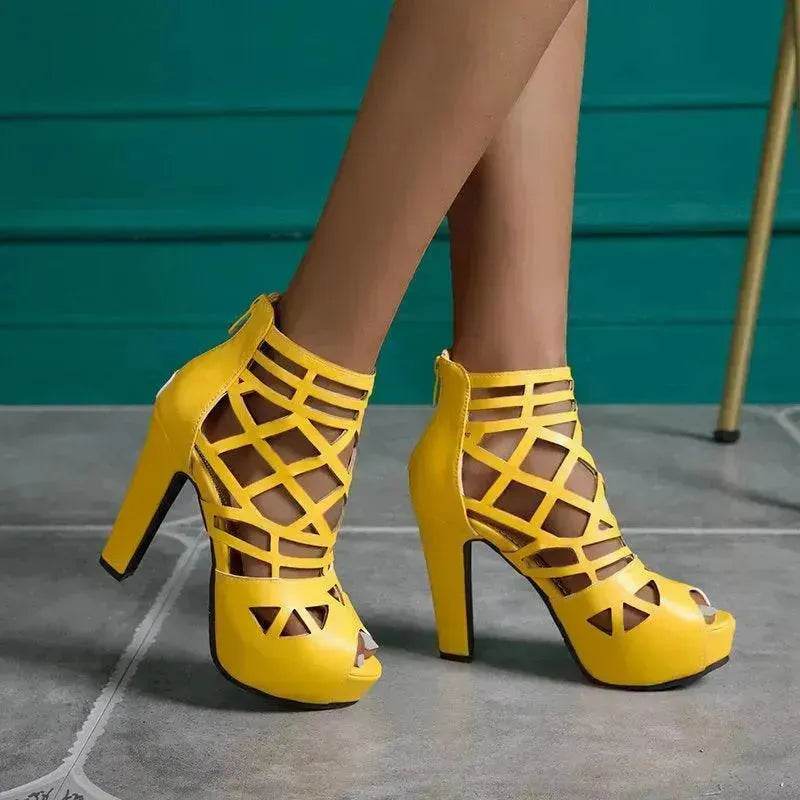 Classy Back Zipper Hollow Super High Thick Heel Fish Mouth Sandal Shoe - EX-STOCK Canada