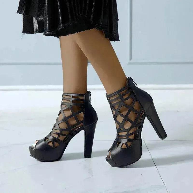 Classy Back Zipper Hollow Super High Thick Heel Fish Mouth Sandal Shoe - EX-STOCK Canada