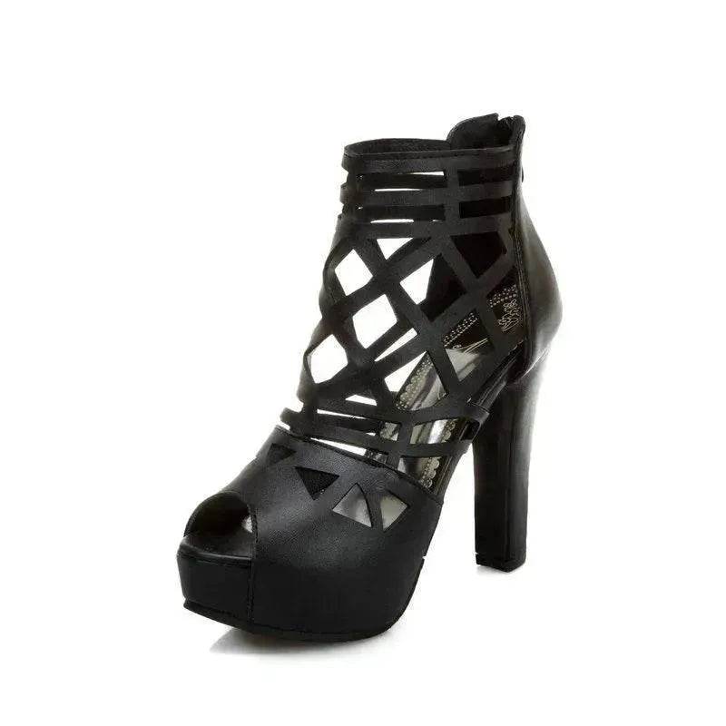 Classy Back Zipper Hollow Super High Thick Heel Fish Mouth Sandal Shoe - EX-STOCK Canada