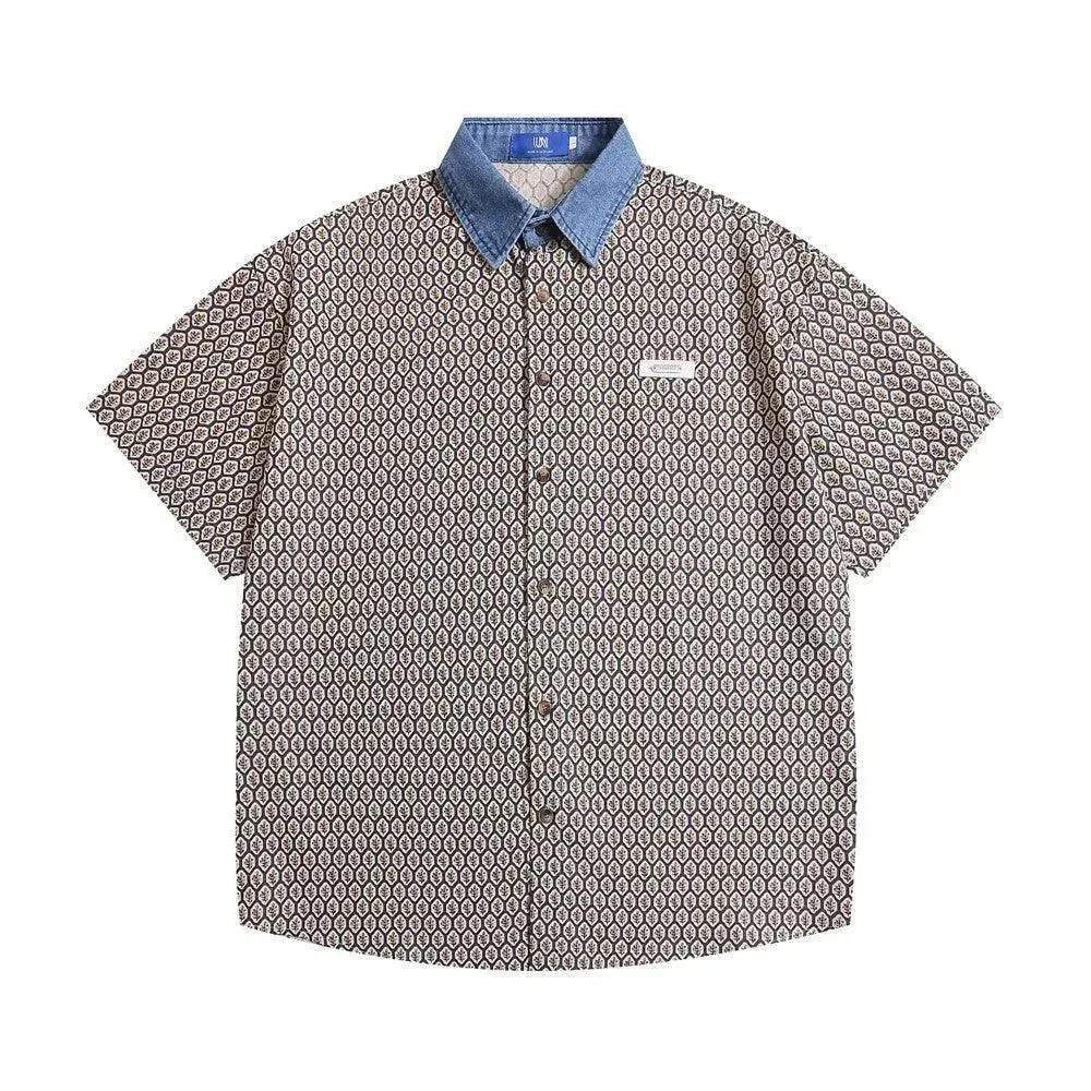 Color Contrast Patchwork Lapel Plaid Casual Short-sleeved Shirt - EX-STOCK Canada