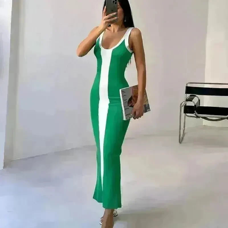 Contrast Color Knitted Mid-length Tight Braces Dress Women - EX-STOCK CANADA