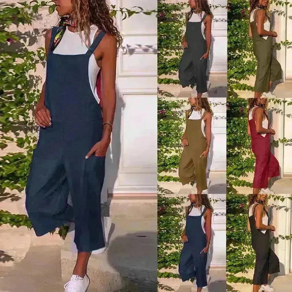 Cotton And Linen Casual Loose Long Wide Leg Jumpsuit - EX-STOCK CANADA
