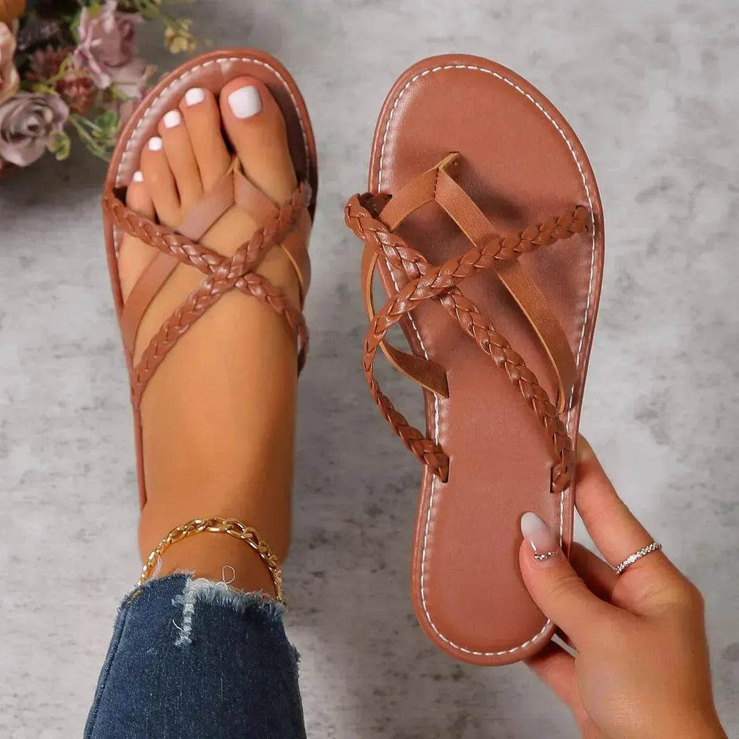 Cross-woven Design Thong Sandals Summer Flat Shoes Women Flip Flops Slides Casual Vacation Beach Slippers - EX-STOCK Canada