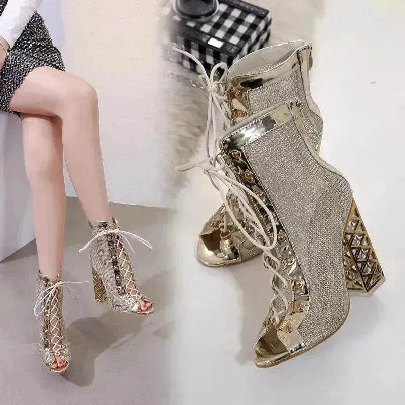Crystal thick Fish Mouth mesh hollow high Chunky heel Boot - EX-STOCK Canada