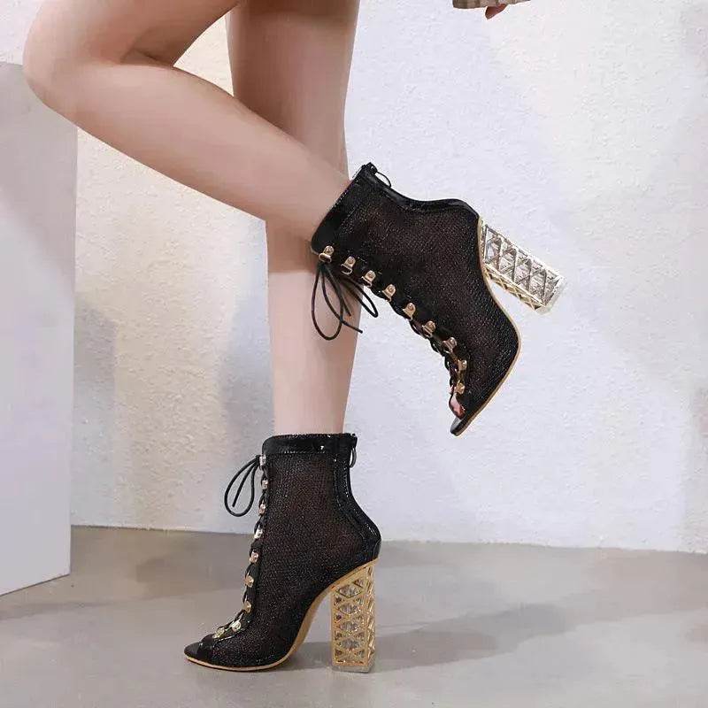 Crystal thick Fish Mouth mesh hollow high Chunky heel Boot - EX-STOCK Canada