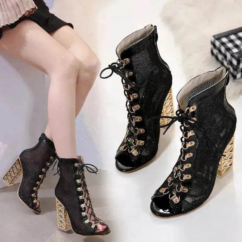Crystal thick Fish Mouth mesh hollow high Chunky heel Boot - EX-STOCK Canada