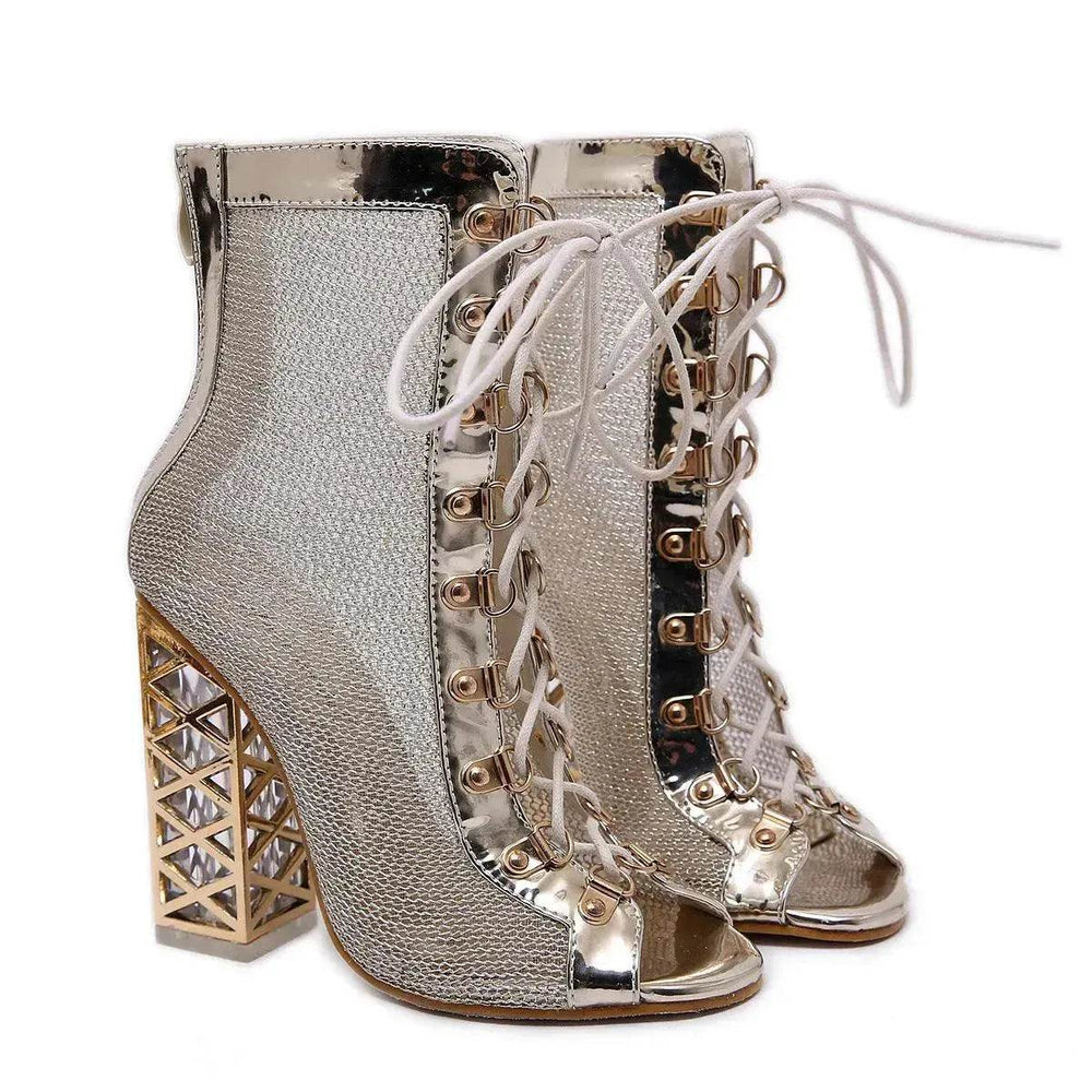 Crystal thick Fish Mouth mesh hollow high Chunky heel Boot - EX-STOCK Canada