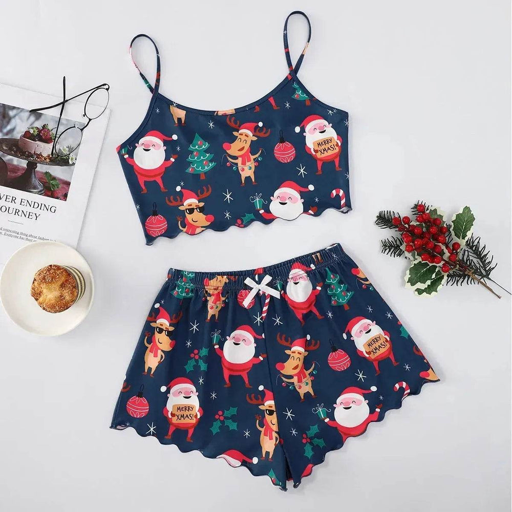 Christmas European And American Thin Pajamas Women's Sleeveless Shorts Milk Silk Simple Casual Two-piece Suit Homewear - EX-STOCK Canada