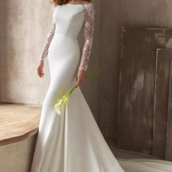 Satin Lace Long-Sleeve Wedding Dress, White & Ivory, US0–26W 9