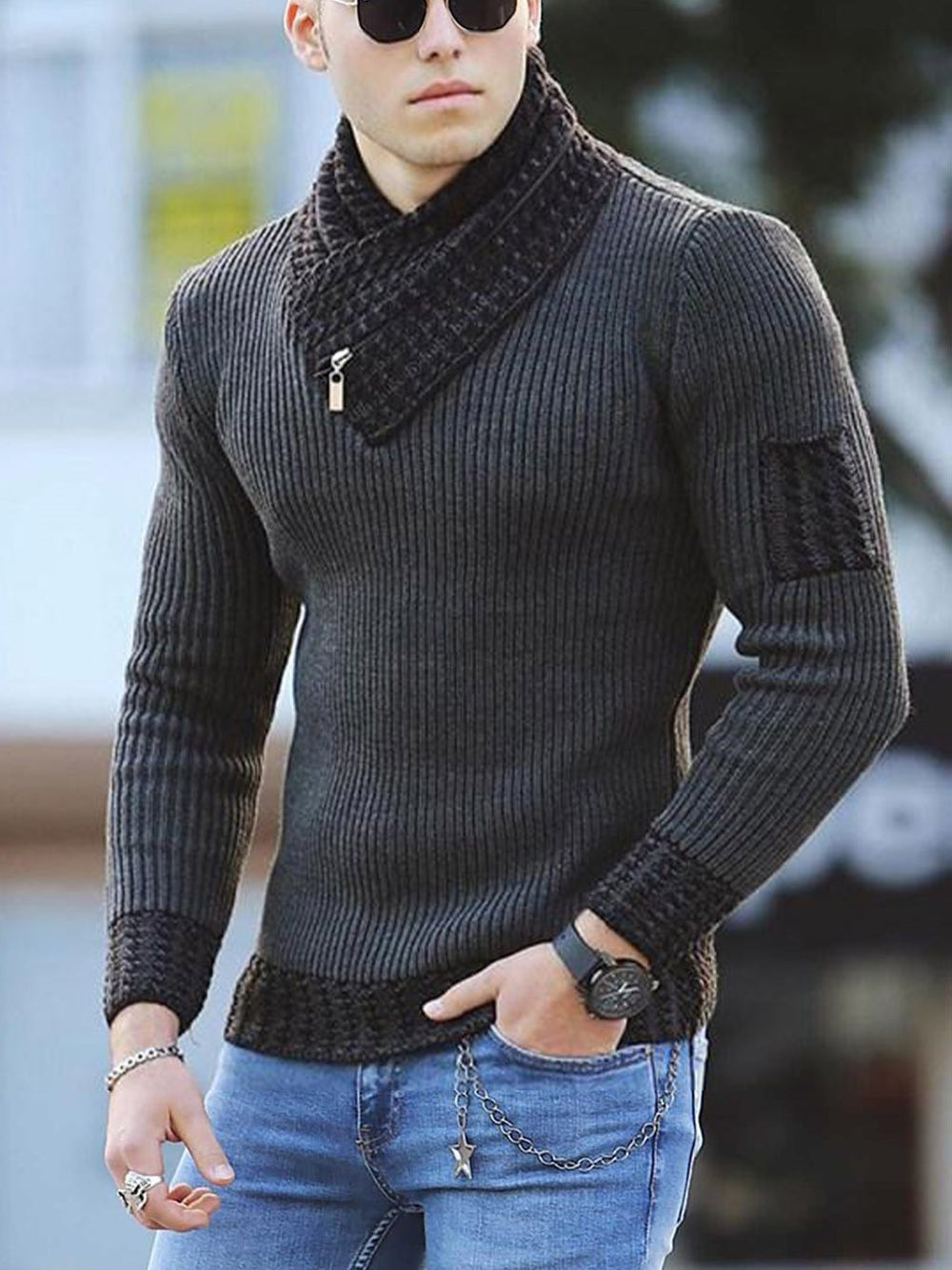 Independent Station Casual Slim Knit Pullover Long-sleeved Scarf Collar Sweater Men's EX-STOCK Canada