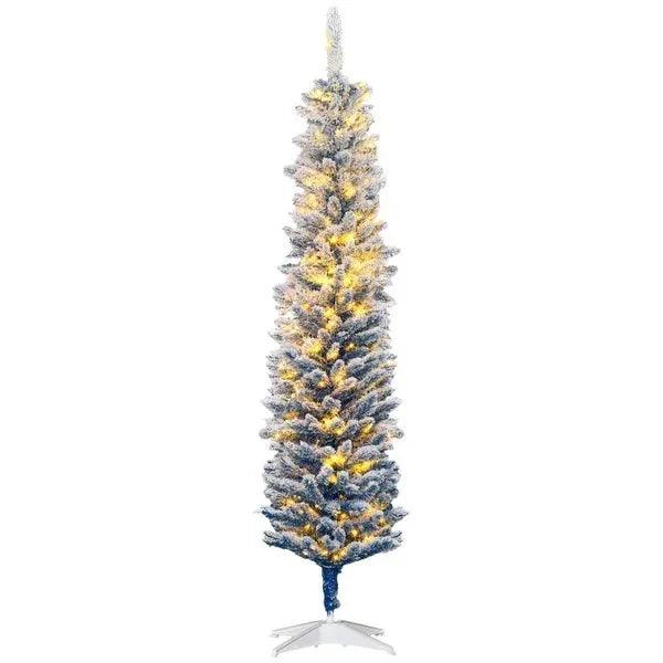 6' Flocked Christmas Trees, Pencil Prelit Artificial Christmas Tree With Snow Branches, Blue EX-STOCK Canada
