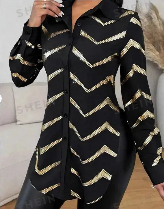 Lyxana Open Placket Foil Print Random Cut Shoulder Long Sleeve Cinched Waist Blouse Women tunic Shirt - EX-STOCK CANADA