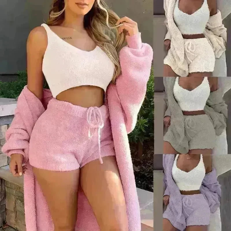 Winter Sexy Women Home Wear Suit Casual Pajamas Set Lady Female Soft Warm Long Sleeve Exposed Navel Vest Shorts Set - EX-STOCK CANADA