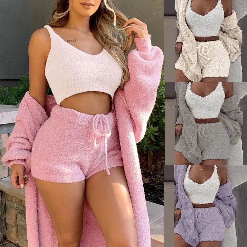 Winter Sexy Women Home Wear Suit Casual Pajamas Set Lady Female Soft Warm Long Sleeve Exposed Navel Vest Shorts Set - EX-STOCK Canada