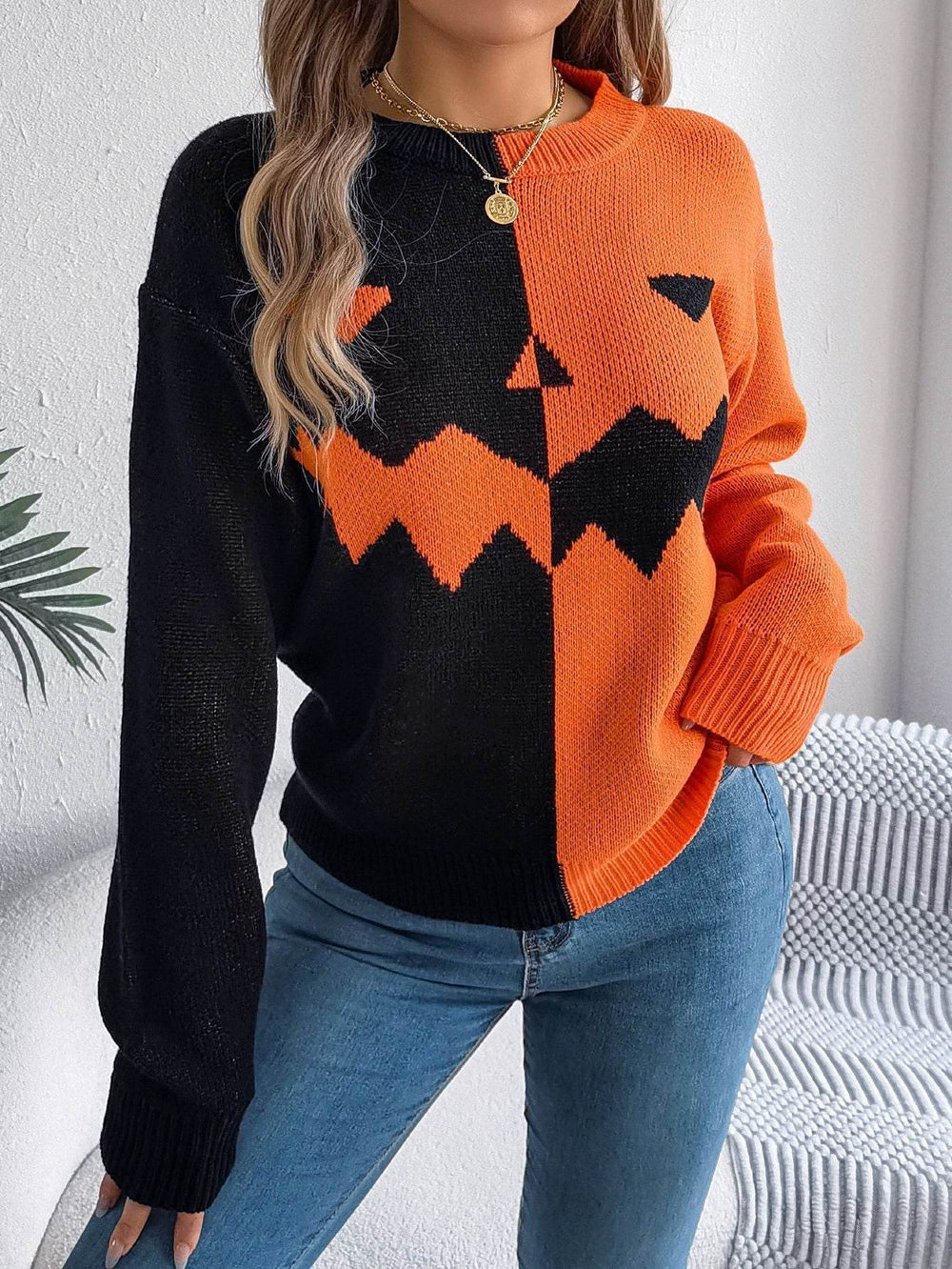 Fall And Winter Halloween Spooky Pumpkin Contrast Long Sleeve Pullover Sweater Women's Clothing - EX-STOCK Canada
