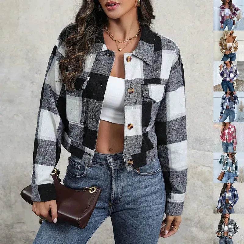 Fashion Oversized Plaid Lapel Cropped Jacket outwear top for women - EX-STOCK Canada