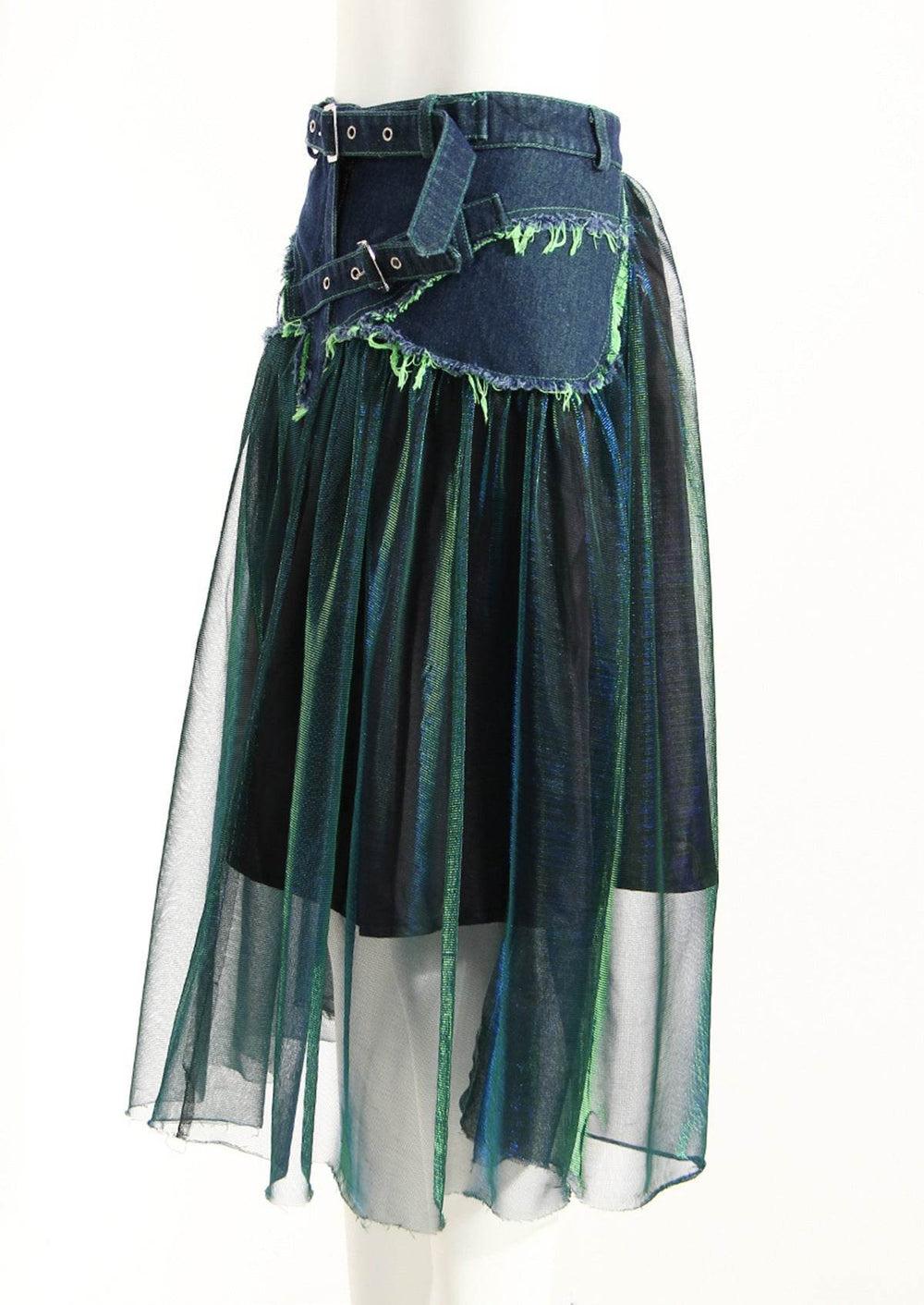 Street Fashion High Waist A-line Denim Mesh Midi Skirt - EX-STOCK Canada