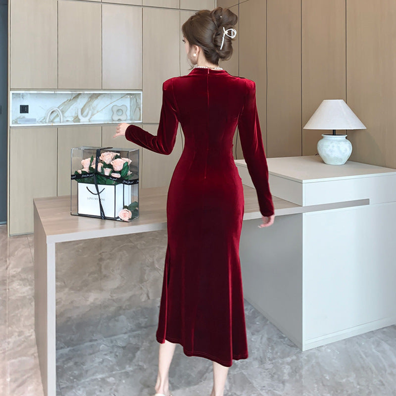Women's Fashion Velvet Sheath Long Dress EX-STOCK Canada