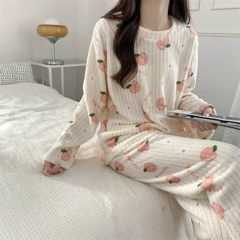 2pcs Women's Fall Winter Warm Pajamas Sets Coral Long Sleeve Cute Cartoon Bear Sleepwear Nightclothes - EX-STOCK Canada
