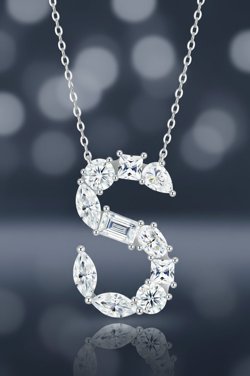 Collier Lettre Initiale S – Pendentif en Moissanite, Argent S925 Plaqué Platine, Certifié GRA