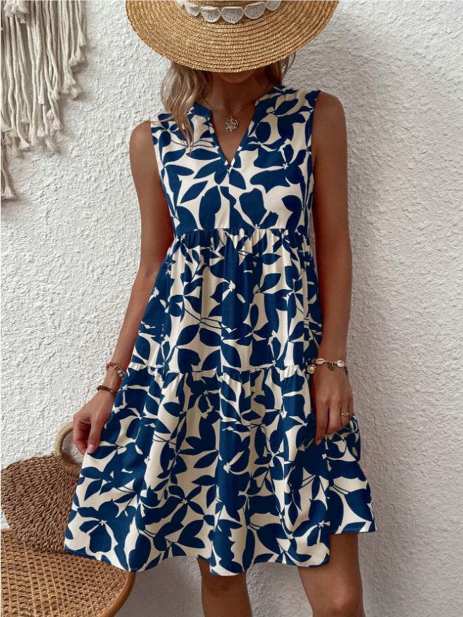 Bohemian Dresses Summer Beach Fashion Loose V-neck Pleated Print Sleeveless Dress For Women - EX-STOCK Canada