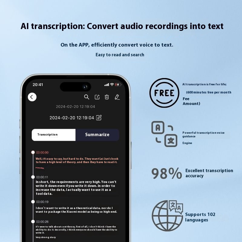 Smartphone displaying AI transcription app with text conversion features on a blue background