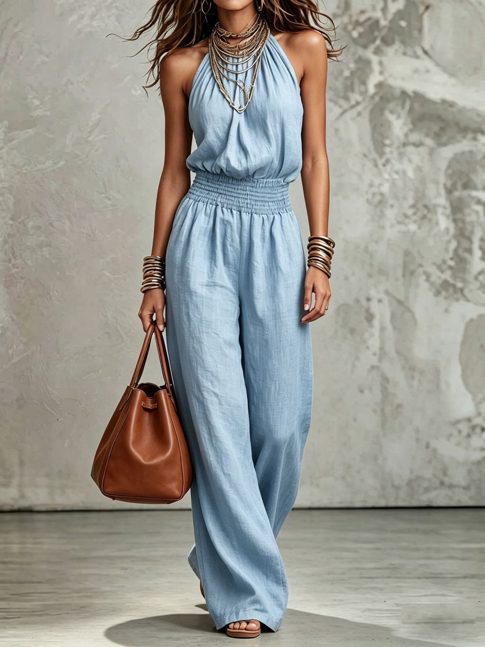 Women's Halter Neck Backless Wide-Leg Jumpsuit | Sleeveless Lace-Up Onesie light blue