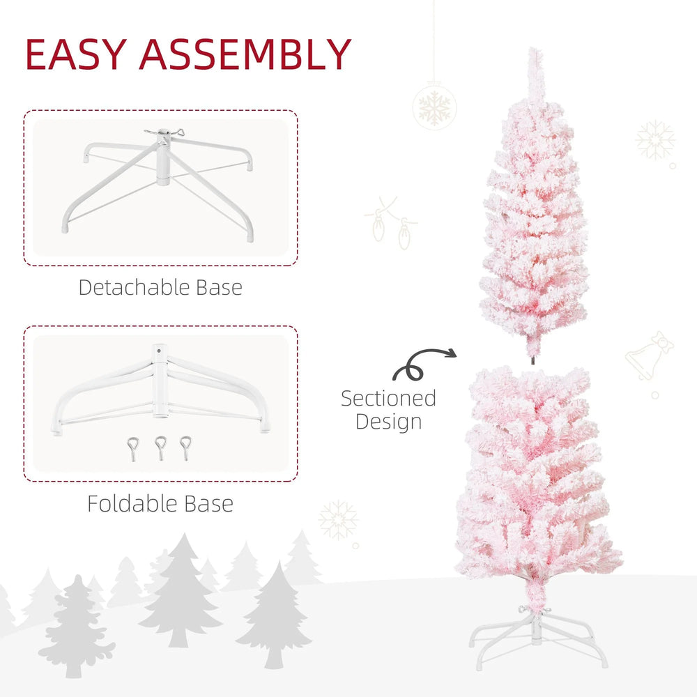 5ft Flocked Christmas Tree, Pencil Christmas Tree With Realistic Branch Tips, Folding Metal Stand EX-STOCK Canada