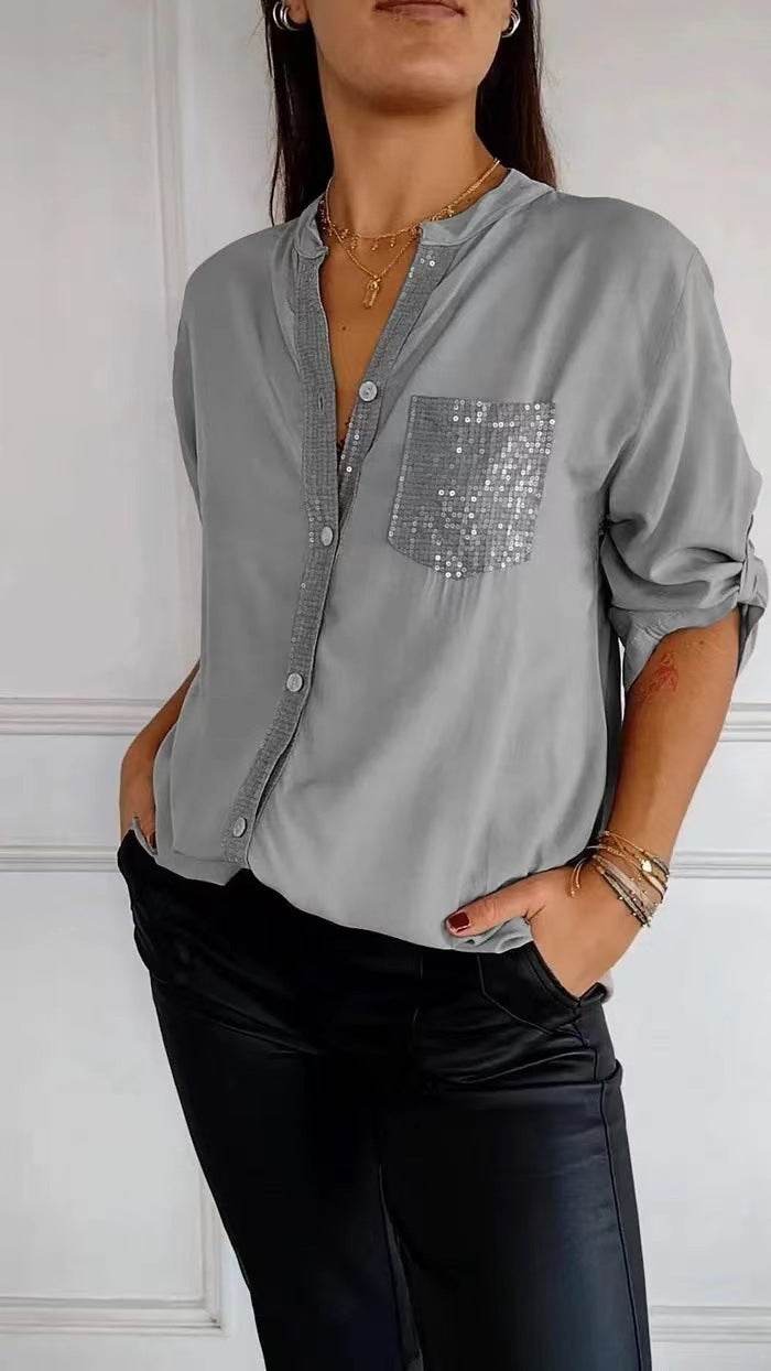 Casual Button-down Long Sleeve Shirt With Sequin Pocket Design Fashion Commuter Top Women Clothing - EX-STOCK Canada