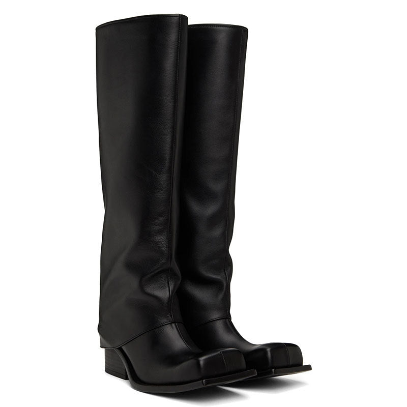 Black knee-high boots on a white background