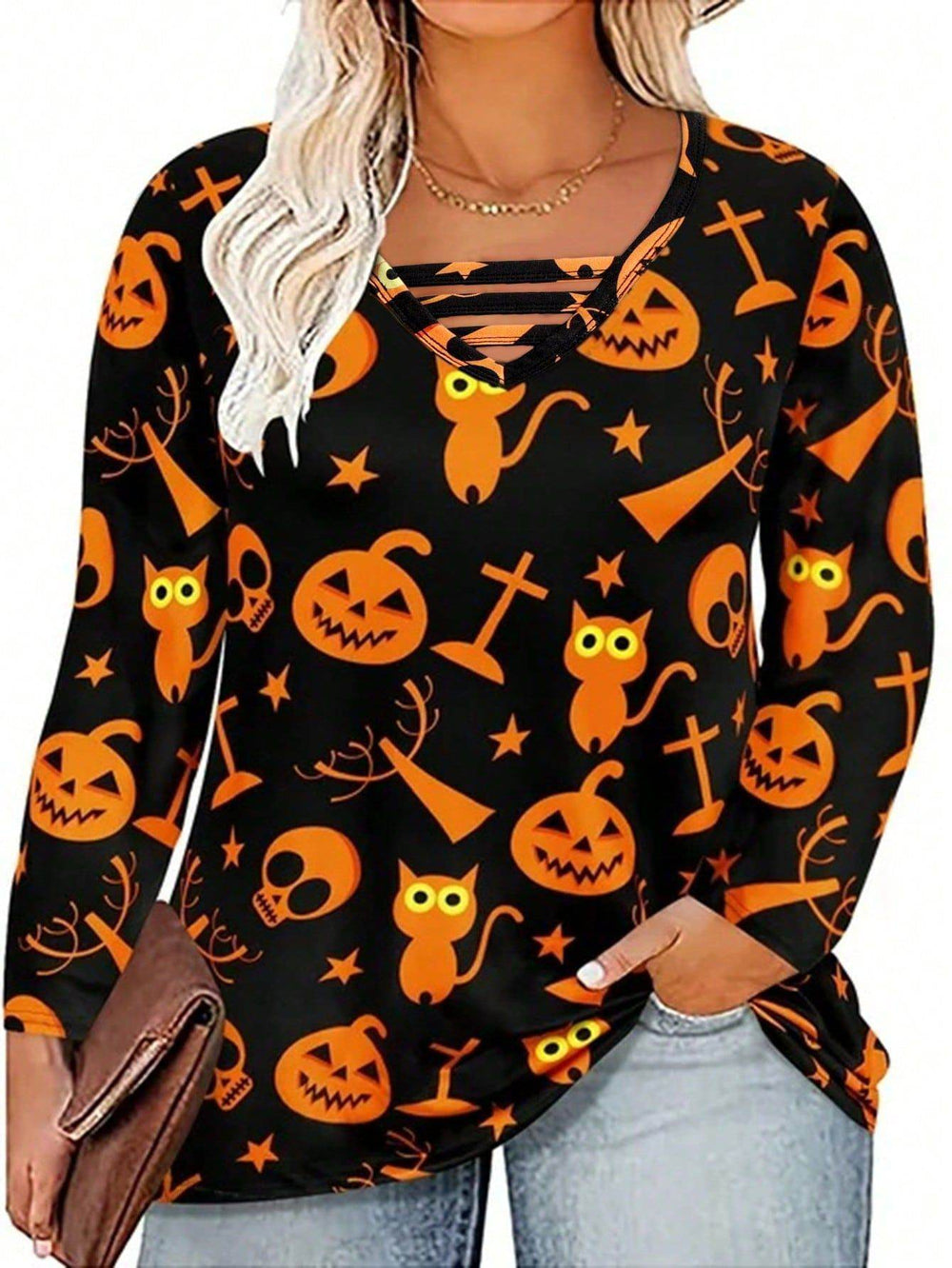 Digital Printing Halloween Round Neck Long Sleeve Plus Size T-shirt - EX-STOCK Canada